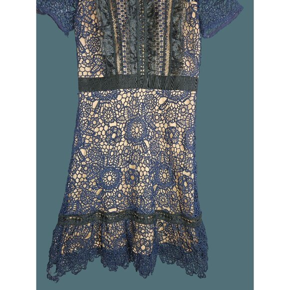 Aqua Floral Crochet Lace Feminine Chic Boho Navy/Black Lined Dress Women XS - Picture 13 of 14